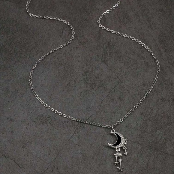 “Stars From the Moon” Black Sliver Crescent Dangling Stellar Celestial Necklace - Picture 5 of 6